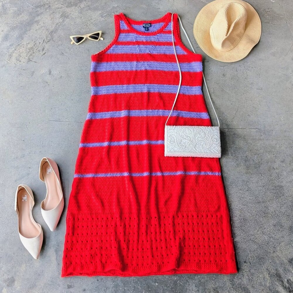 Boho Coastal Beach Red Purple Striped Crochet Knit Sleeveless Midi Dress size XL